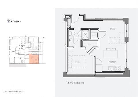 Floor plan for 1 bed, 1 bath, 504 sqft